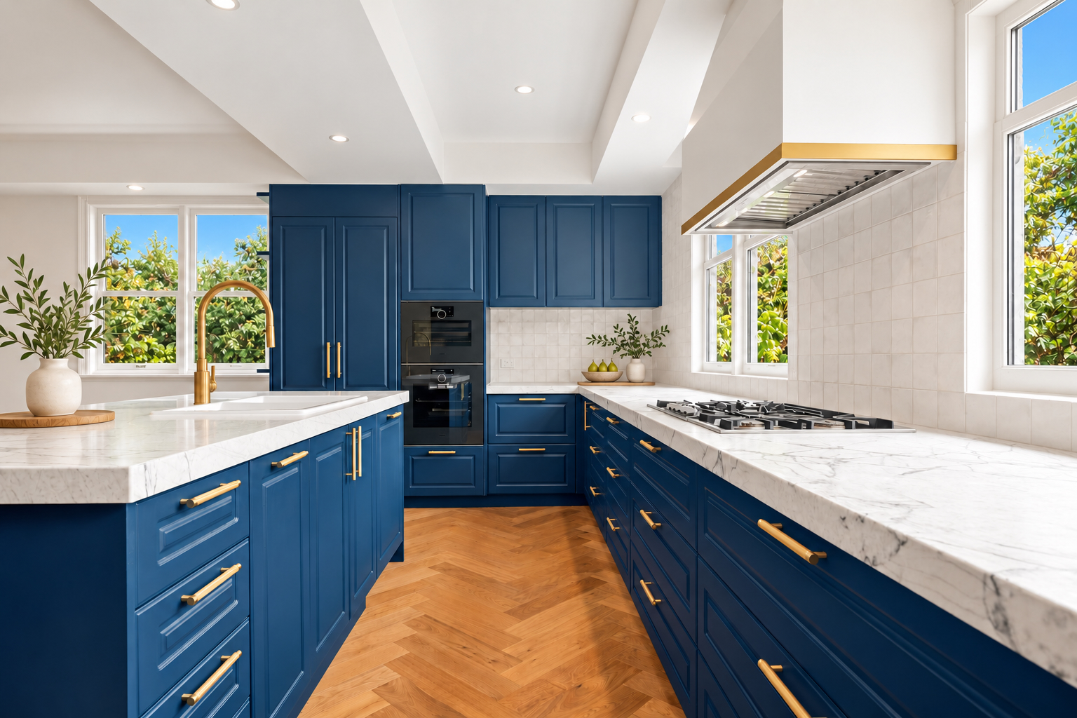 Navy kitchen with natural stone benchtop and leafy garden views