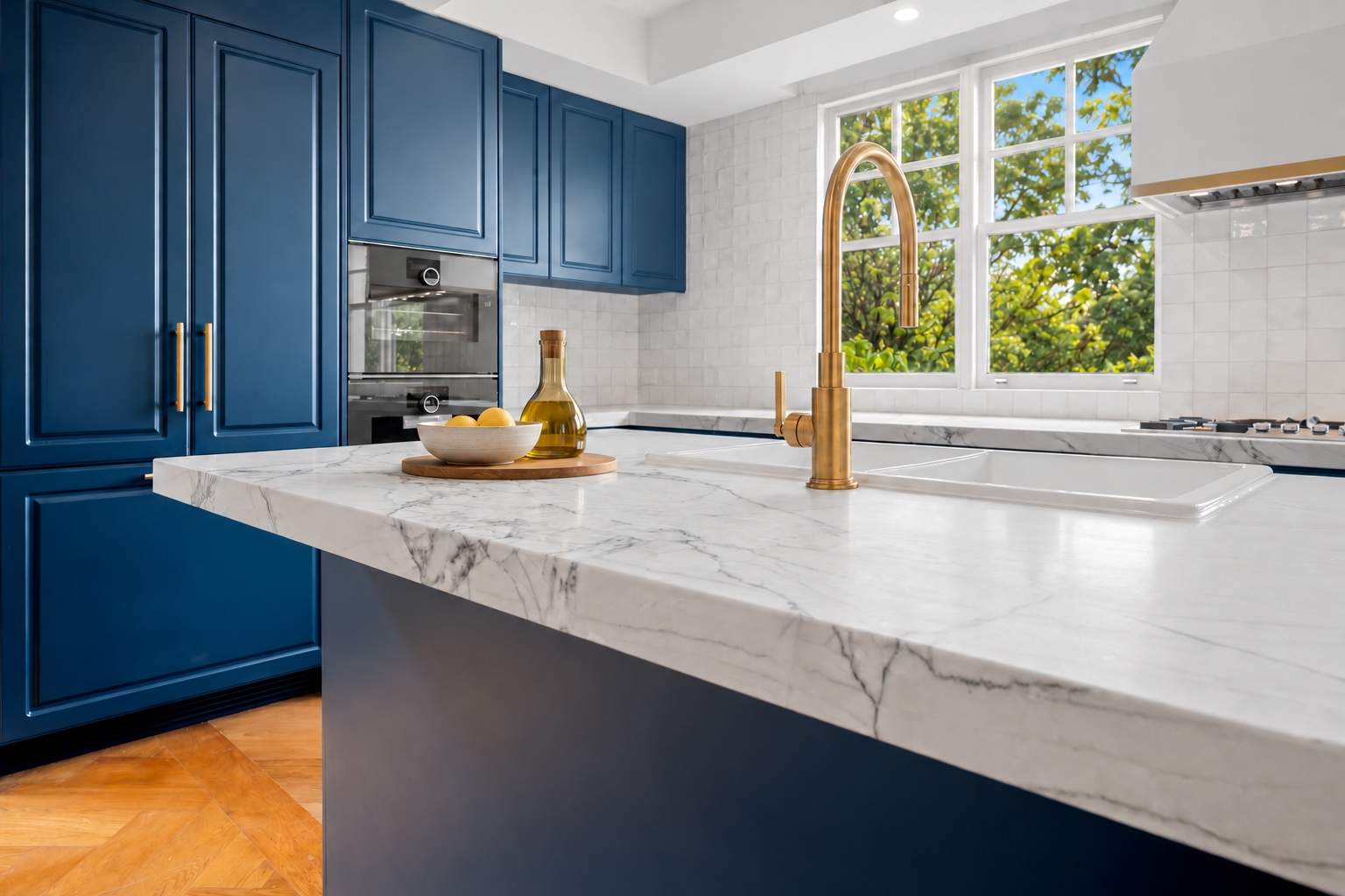 Natural stone benchtop beside the sink with Perini splashback tiles