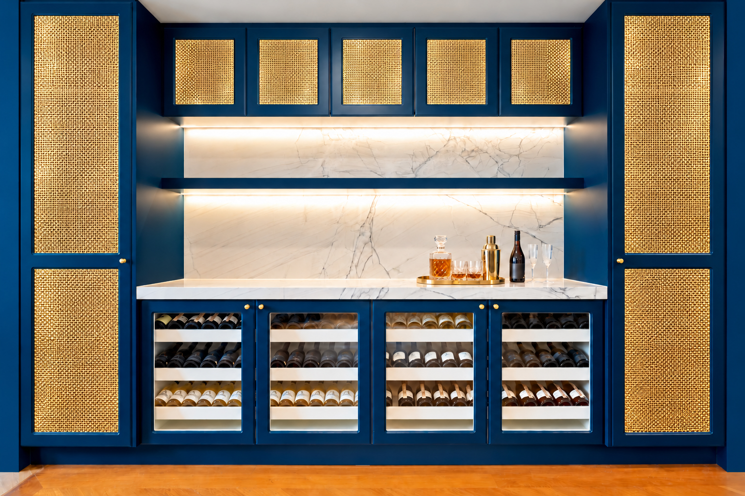Drinks cabinet with polished brass bar cabinetry